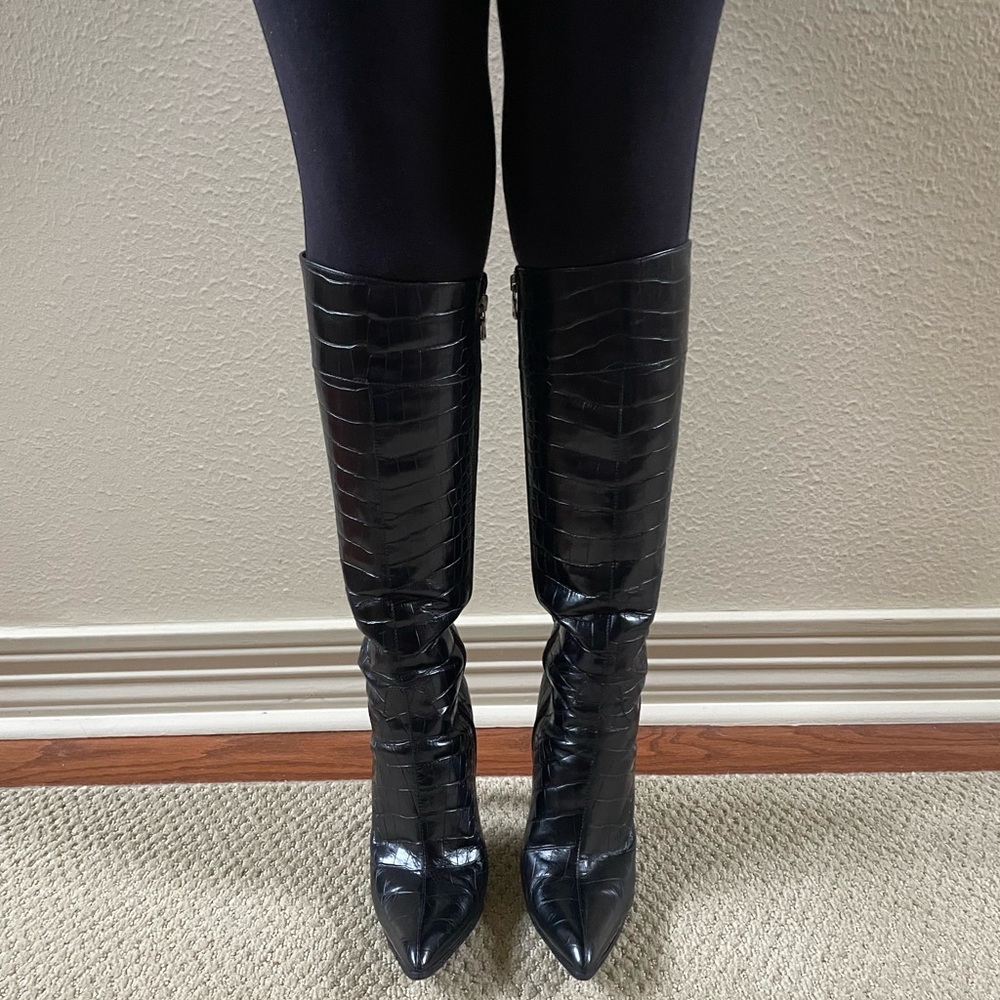 Prada Black Croc-Embossed Heeled Boots - Picture 4 of 10